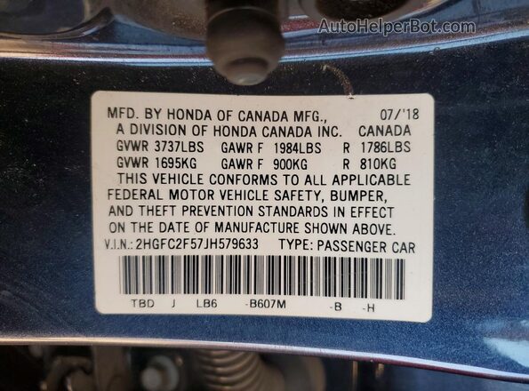 2HGFC2F57JH579633 2018 HONDA CIVIC Blue Вид підкапотного простору