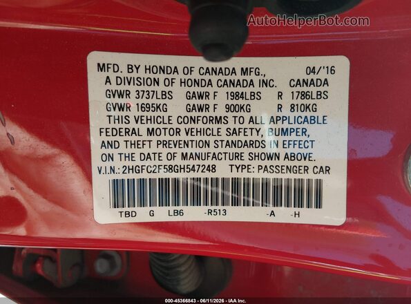 2HGFC2F58GH547248 2016 HONDA CIVIC Red ძრავის განყოფილების ხედი