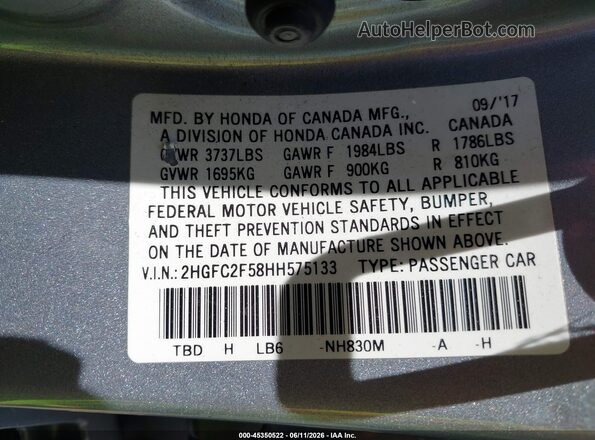 2HGFC2F58HH575133 2017 HONDA CIVIC Silver 