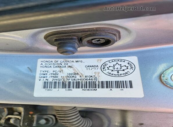 2HGFC2F58JH006465 2018 HONDA CIVIC Silver Widok naklejki z numerem VIN