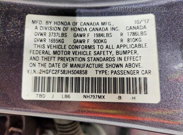 2HGFC2F58JH504858 2018 HONDA CIVIC Gray Вид наклейки з VIN-кодом