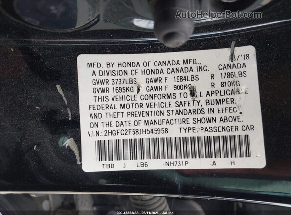2HGFC2F58JH545958 2018 HONDA CIVIC Черный Вид подкапотного пространства
