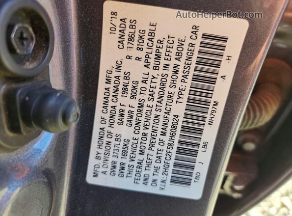 2HGFC2F58JH608024 2018 HONDA CIVIC Charcoal VIN კოდის სტიკერის ხედი