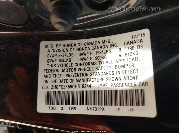 2HGFC2F59GH518244 2016 HONDA CIVIC Черный Вид подкапотного пространства