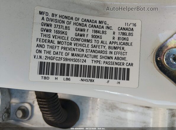 2HGFC2F59HH505124 2017 HONDA CIVIC White Շարժիչի բաժամունքի տեսք