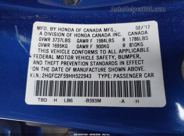 2HGFC2F59HH522943 2017 HONDA CIVIC Blue Widok komory silnika