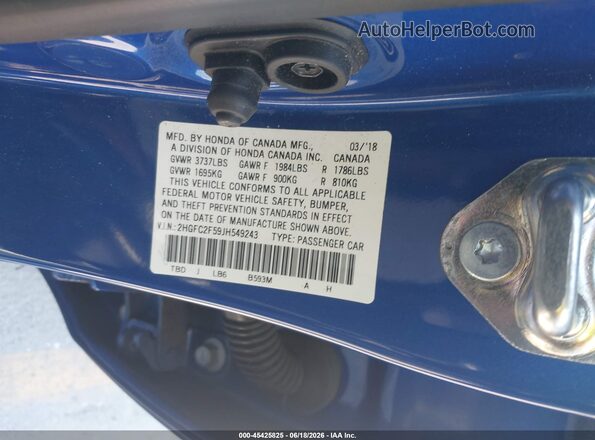 2HGFC2F59JH549243 2018 HONDA CIVIC Blue ძრავის განყოფილების ხედი