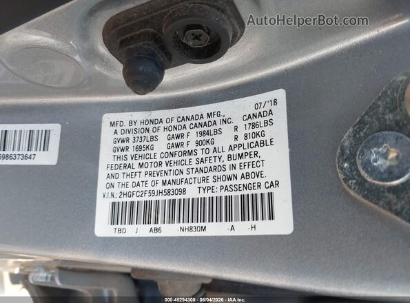 2HGFC2F59JH583098 2018 HONDA CIVIC Silver Widok komory silnika