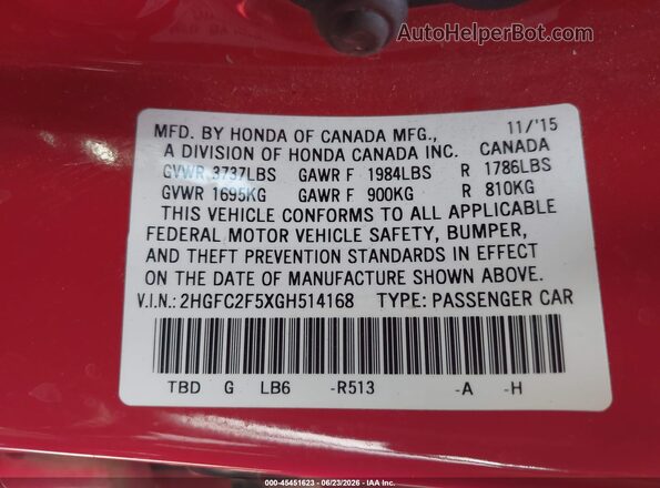 2HGFC2F5XGH514168 2016 HONDA CIVIC Red Շարժիչի բաժամունքի տեսք