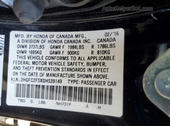 2HGFC2F5XGH539149 2016 HONDA CIVIC Black Вид підкапотного простору