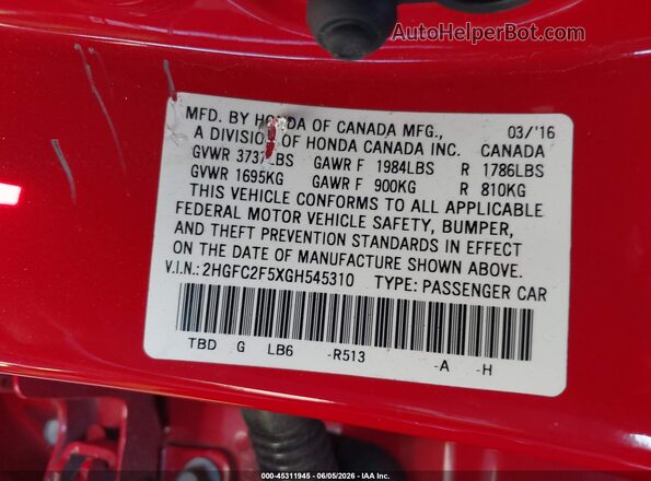 2HGFC2F5XGH545310 2016 HONDA CIVIC Red Շարժիչի բաժամունքի տեսք