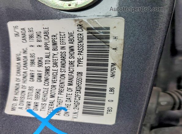 2HGFC2F5XGH555108 2016 HONDA CIVIC Gray Engine compartment view