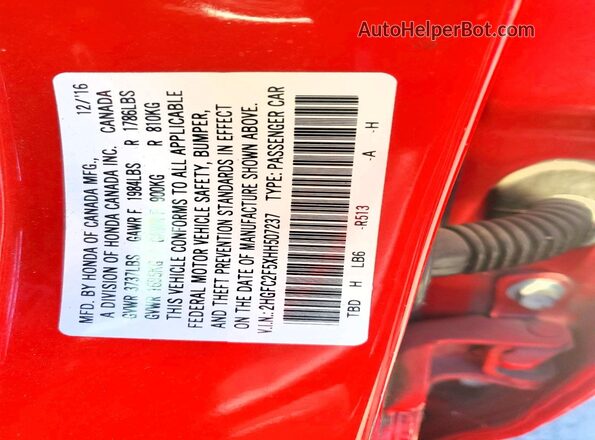2HGFC2F5XHH507237 2017 HONDA CIVIC Red Engine compartment view