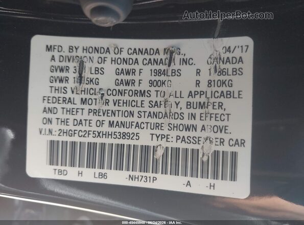 2HGFC2F5XHH538925 2017 HONDA CIVIC Black Շարժիչի բաժամունքի տեսք