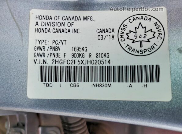 2HGFC2F5XJH020514 2018 HONDA CIVIC Серебряный 