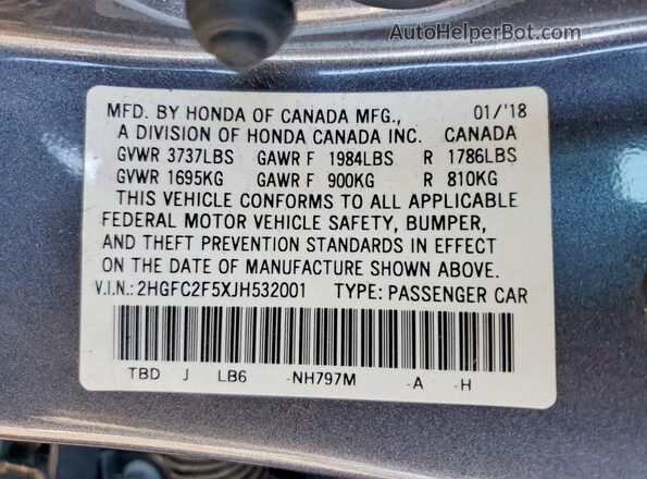 2HGFC2F5XJH532001 2018 HONDA CIVIC Gray 
