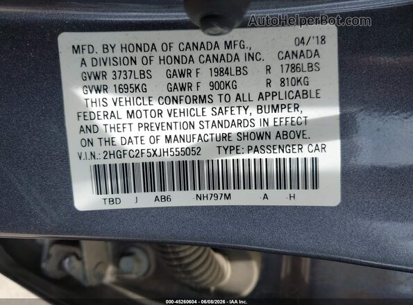 2HGFC2F5XJH555052 2018 HONDA CIVIC Gray Вид підкапотного простору