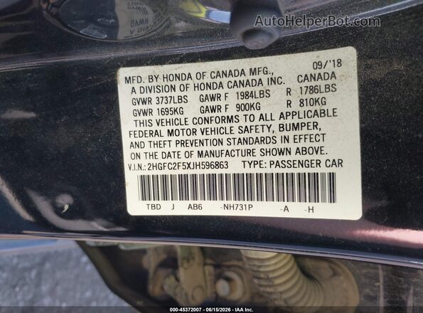 2HGFC2F5XJH596863 2018 HONDA CIVIC Black 