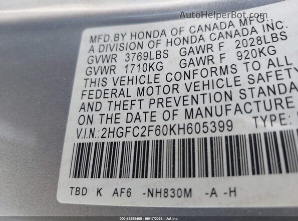 2HGFC2F60KH605399 2019 HONDA CIVIC Silver Вид підкапотного простору