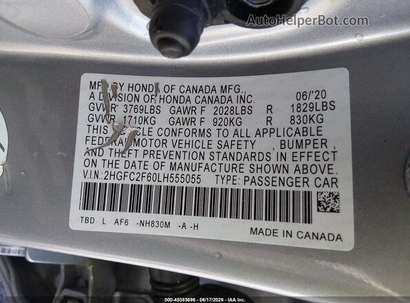 2HGFC2F60LH555055 2020 HONDA CIVIC Silver Вид підкапотного простору