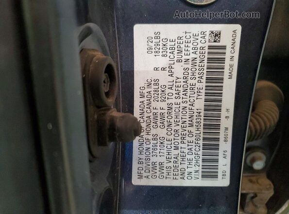 2HGFC2F60LH583941 2020 HONDA CIVIC Blue ძრავის განყოფილების ხედი