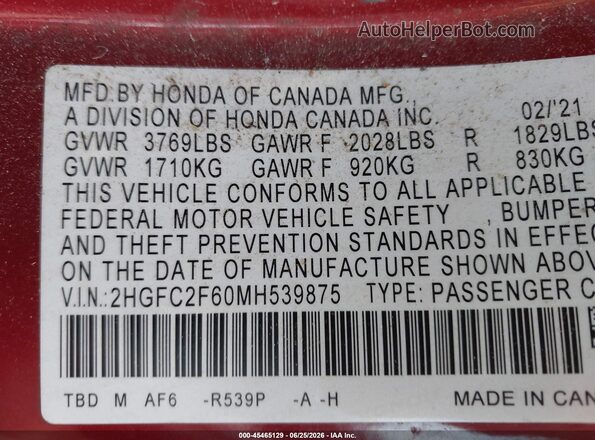 2HGFC2F60MH539875 2021 HONDA CIVIC Red Engine compartment view