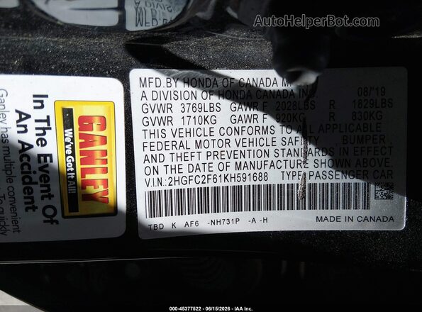 2HGFC2F61KH591688 2019 HONDA CIVIC Black Вид підкапотного простору