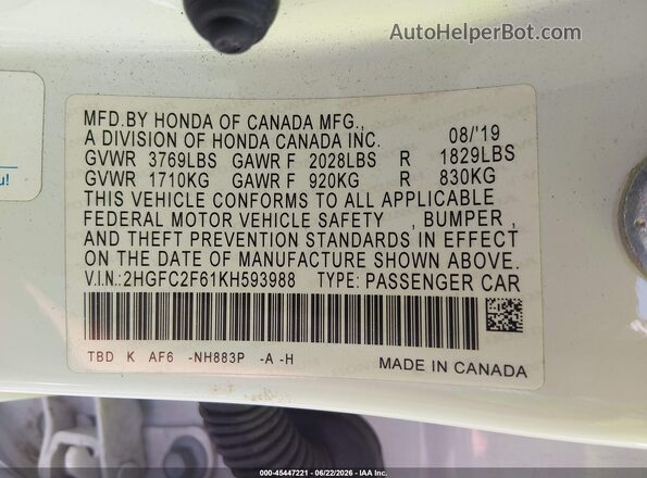 2HGFC2F61KH593988 2019 HONDA CIVIC White Engine compartment view