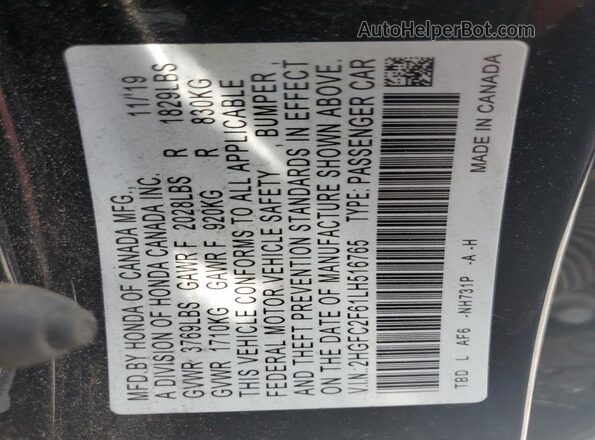 2HGFC2F61LH516765 2020 HONDA CIVIC Charcoal VIN sticker view