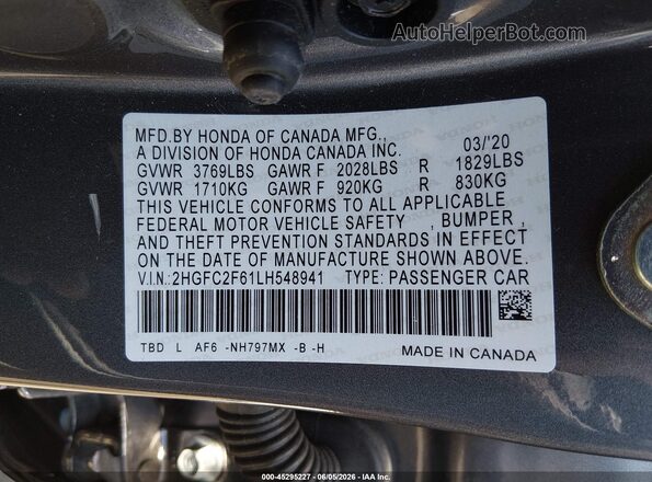 2HGFC2F61LH548941 2020 HONDA CIVIC Gray Շարժիչի բաժամունքի տեսք
