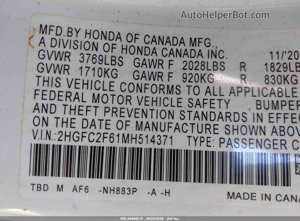 2HGFC2F61MH514371 2021 HONDA CIVIC White Vista del compartimento del motor