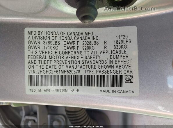 2HGFC2F61MH520378 2021 HONDA CIVIC Silver Engine compartment view