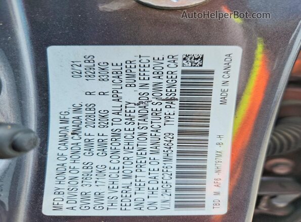 2HGFC2F61MH546429 2021 HONDA CIVIC Gray Vista de la etiqueta del VIN
