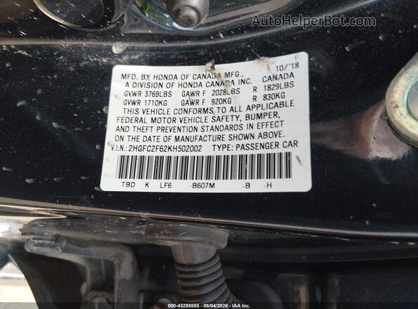 2HGFC2F62KH502002 2019 HONDA CIVIC Black Vista del compartimento del motor