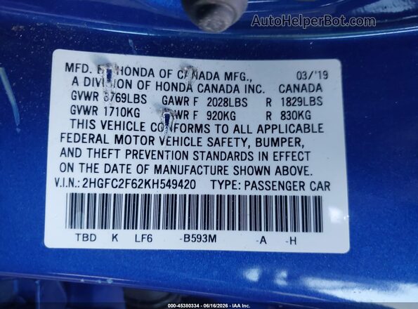 2HGFC2F62KH549420 2019 HONDA CIVIC Blue ძრავის განყოფილების ხედი