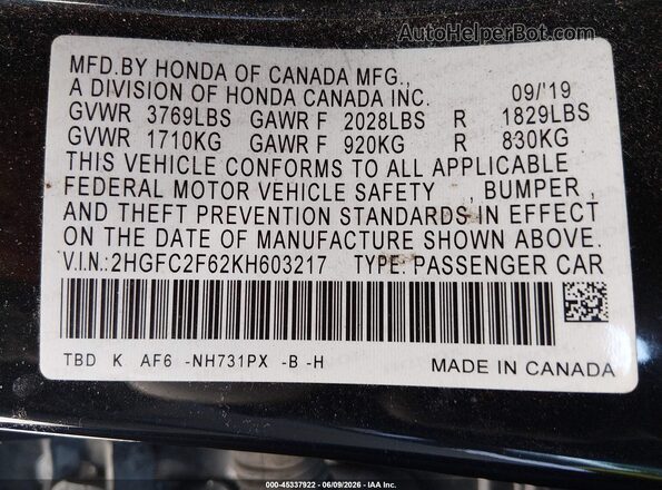 2HGFC2F62KH603217 2019 HONDA CIVIC Black Vista del compartimento del motor