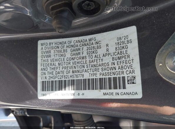 2HGFC2F62LH576778 2020 HONDA CIVIC Gray Vista del compartimento del motor