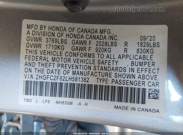 2HGFC2F62LH581382 2020 HONDA CIVIC Silver Widok komory silnika