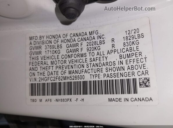 2HGFC2F62MH526500 2021 HONDA CIVIC White Engine compartment view