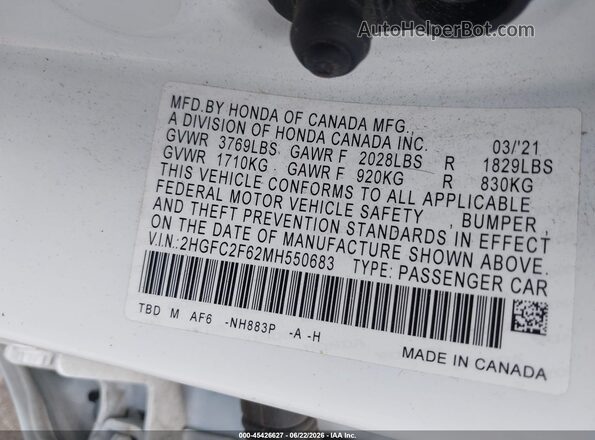 2HGFC2F62MH550683 2021 HONDA CIVIC White Vista del compartimento del motor