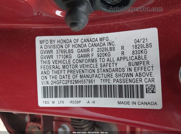 2HGFC2F62MH557861 2021 HONDA CIVIC Maroon Вид підкапотного простору