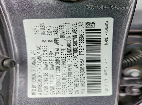 2HGFC2F63KH575654 2019 HONDA CIVIC Gray Vista del compartimento del motor