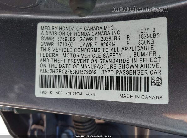 2HGFC2F63KH579669 2019 HONDA CIVIC Gray Engine compartment view