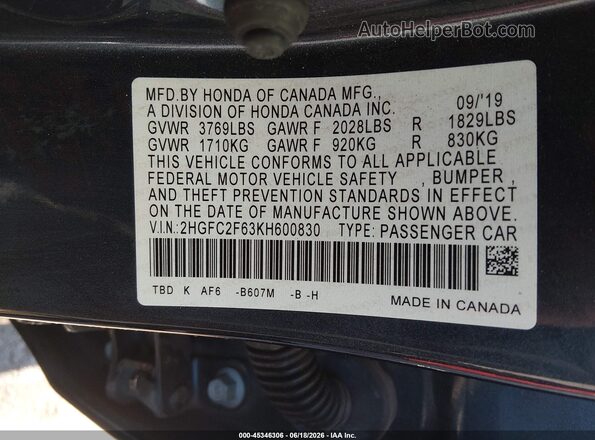 2HGFC2F63KH600830 2019 HONDA CIVIC Черный Вид подкапотного пространства