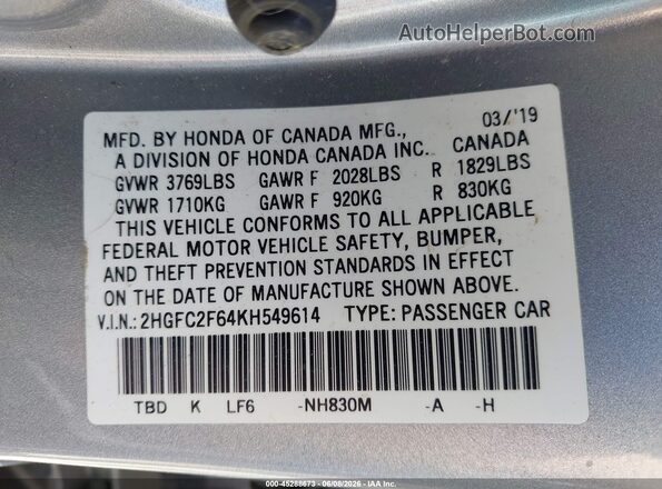 2HGFC2F64KH549614 2019 HONDA CIVIC Silver ძრავის განყოფილების ხედი
