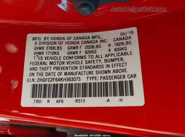 2HGFC2F64KH563075 2019 HONDA CIVIC Red Widok komory silnika
