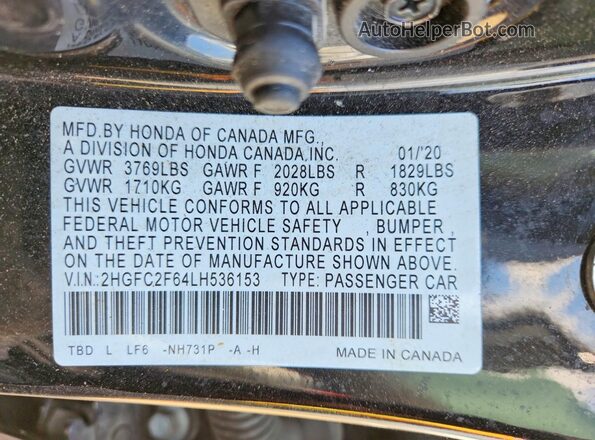 2HGFC2F64LH536153 2020 HONDA CIVIC Black ძრავის განყოფილების ხედი