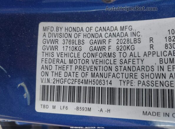 2HGFC2F64MH506314 2021 HONDA CIVIC Синий Вид подкапотного пространства