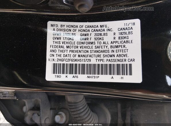 2HGFC2F65KH515729 2019 HONDA CIVIC Black Widok komory silnika