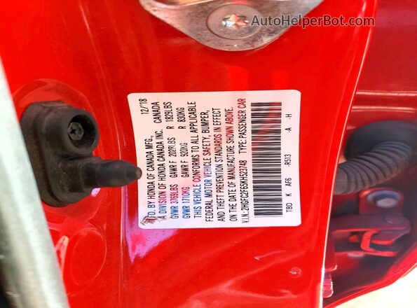 2HGFC2F65KH523748 2019 HONDA CIVIC Red VIN sticker view